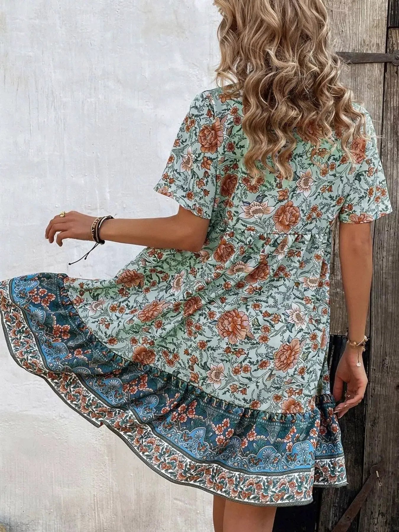 Floral Print Tie-Neck Ruffle Hem Mini Dress by Trendsi