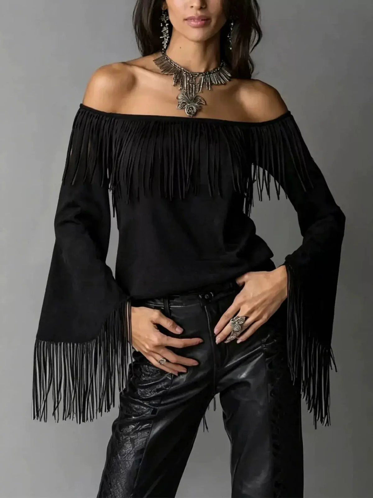 Full Size Fringed Off-Shoulder T-Shirt Plus Size by Trendsi