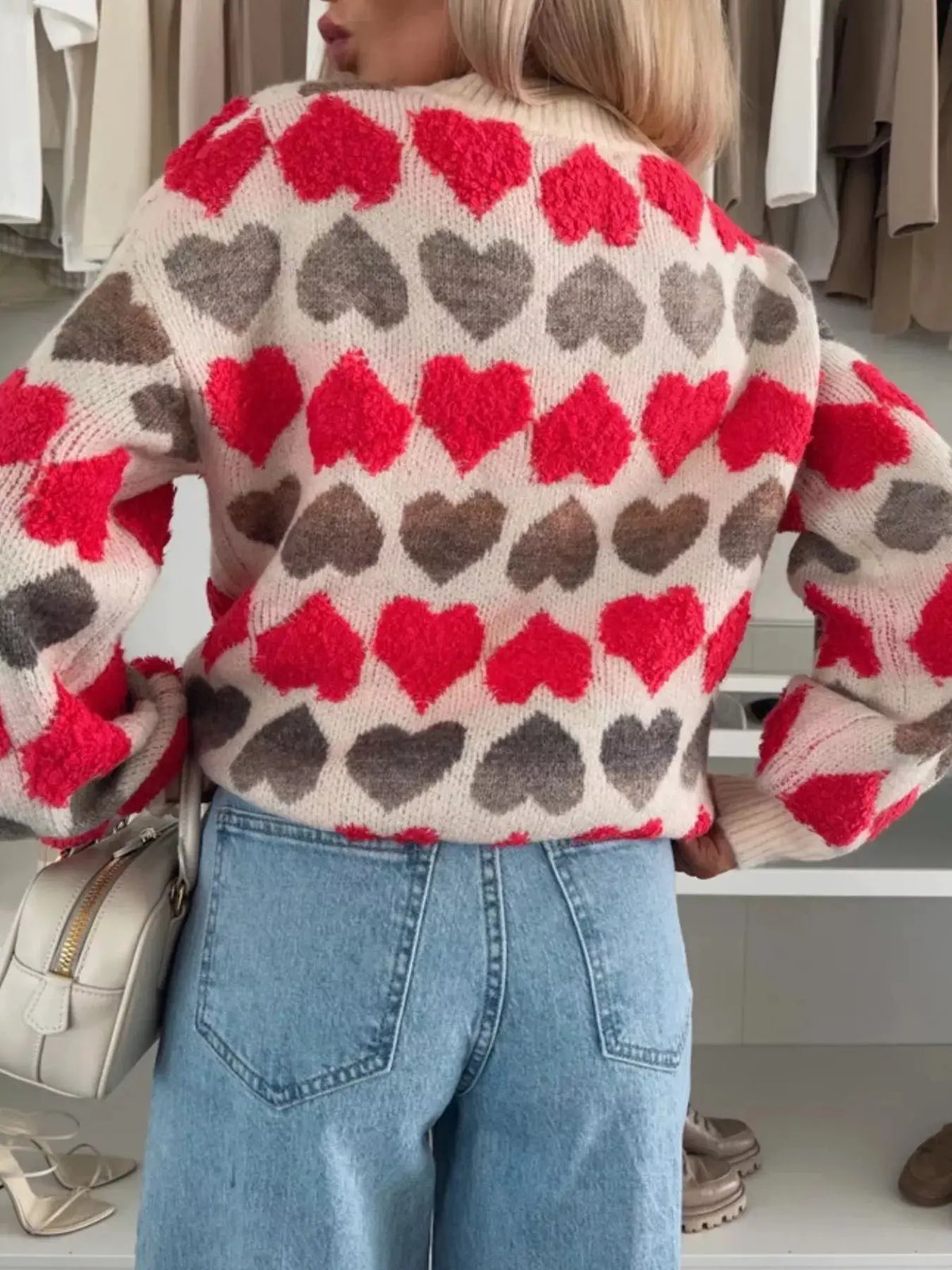 Heart-Patterned Round Neck Sweater by Trendsi