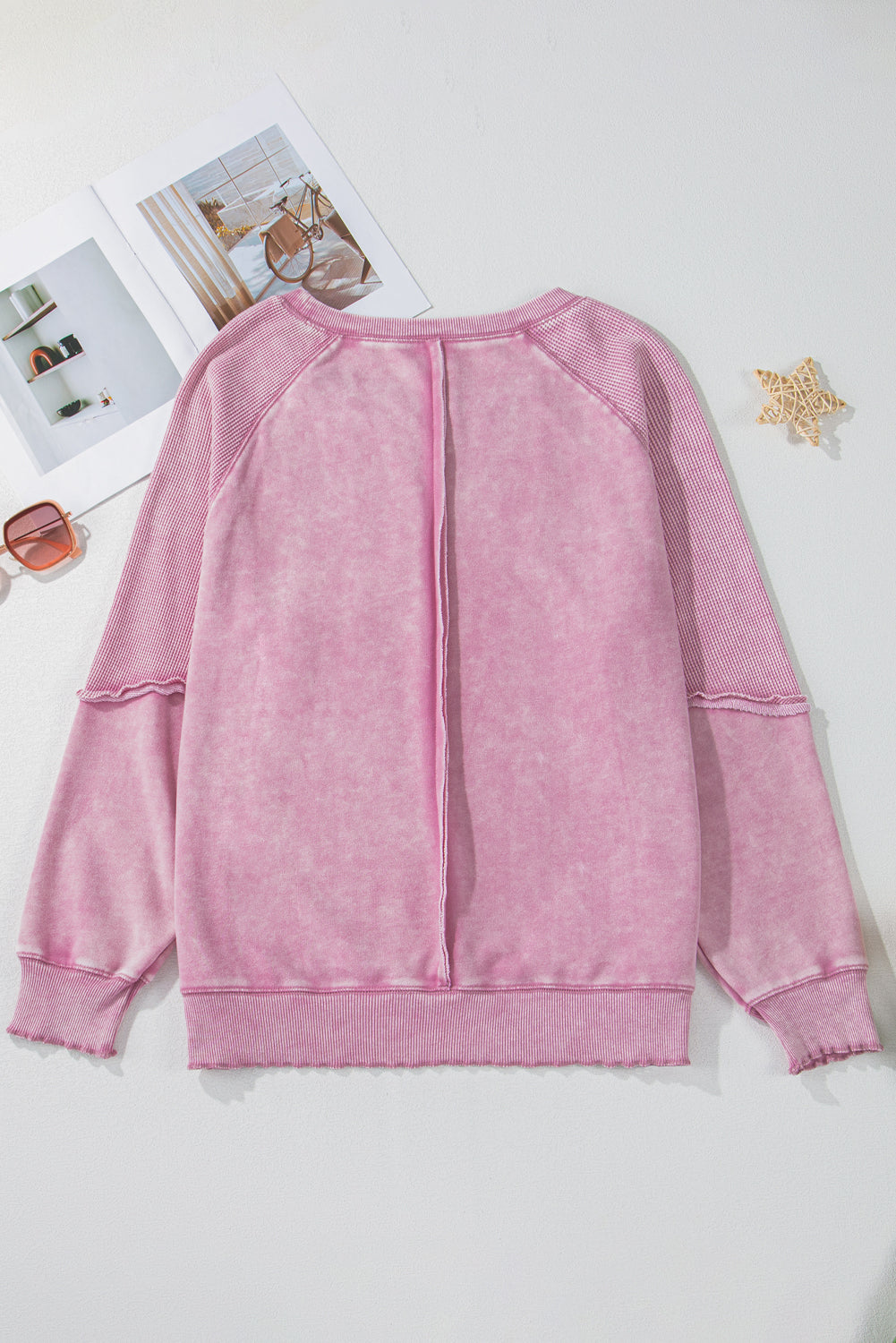 Orchid Petal Solid Waffle Knit Patchwork Raglan Sleeve Sweatshirt