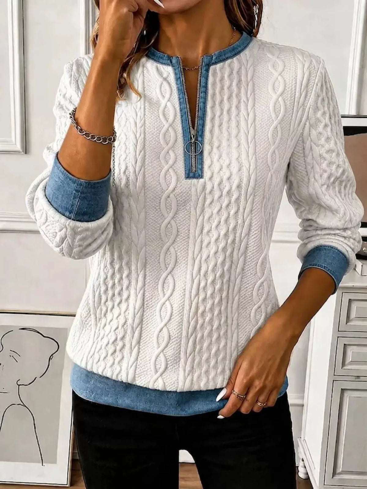 Full Size Denim Contrast Trim Quarter Zip Texture Sweatshirt Plus Size by Trendsi