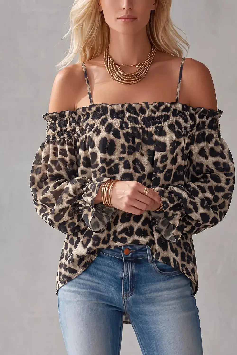 Spaghetti Strap Leopard Long Sleeve Blouse by Trendsi