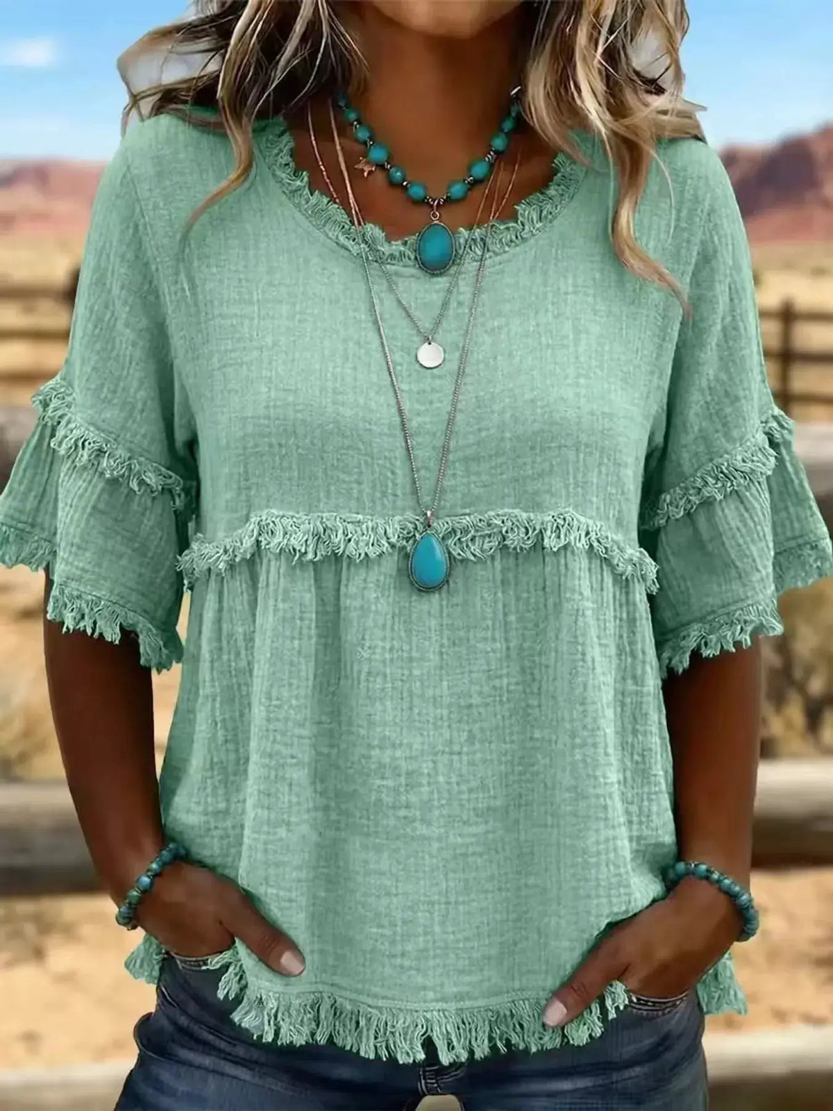 Full Size Frayed Edge Textured Blouse Plus Size by Trendsi