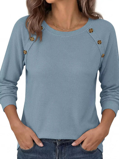 Decorative Button Waffle Knit Long Sleeve T-Shirt by Trendsi