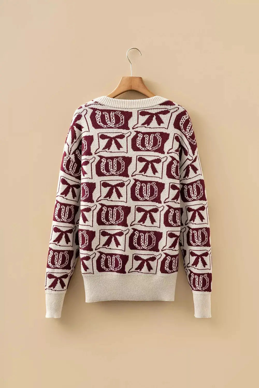 Bows & Horseshoes Pattern Western Round Neck Sweater by Trendsi