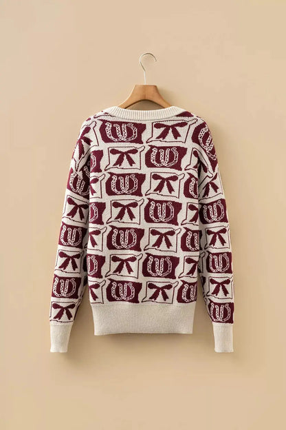 Bows & Horseshoes Pattern Western Round Neck Sweater by Trendsi