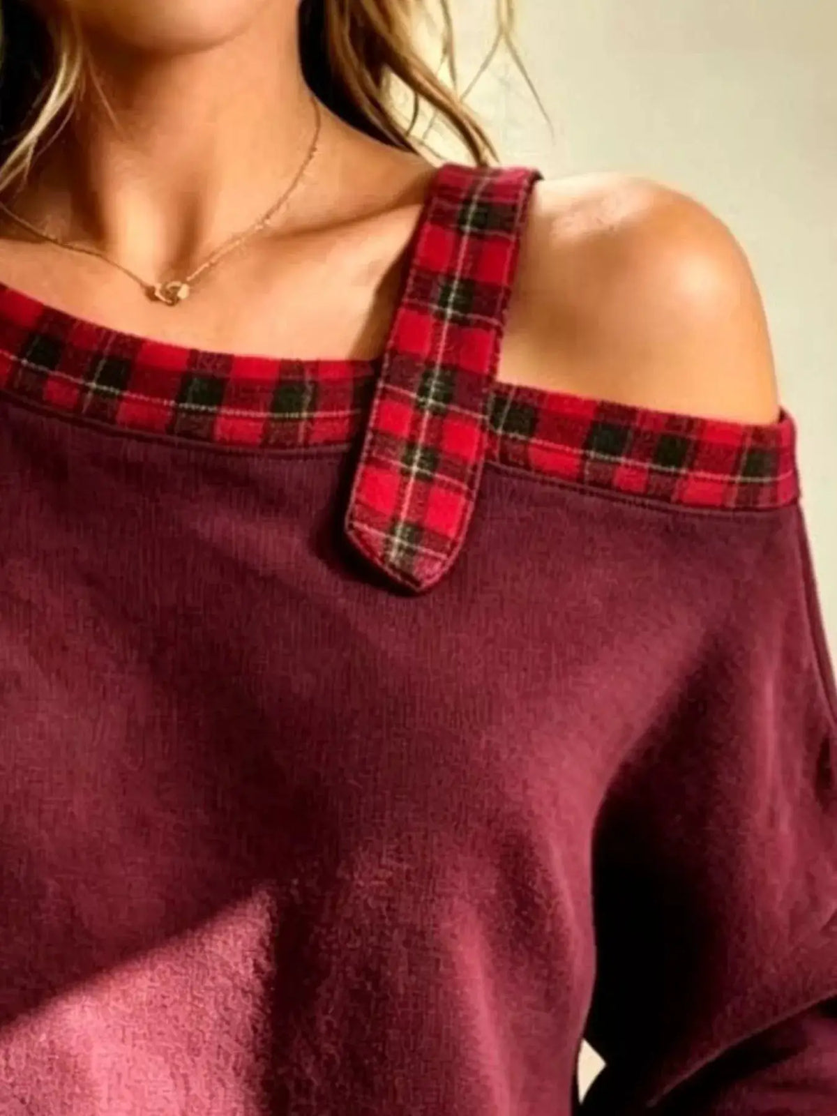 Full Size Cold-Shoulder Plaid Patchwork Long Sleeve Top Plus Size by Trendsi