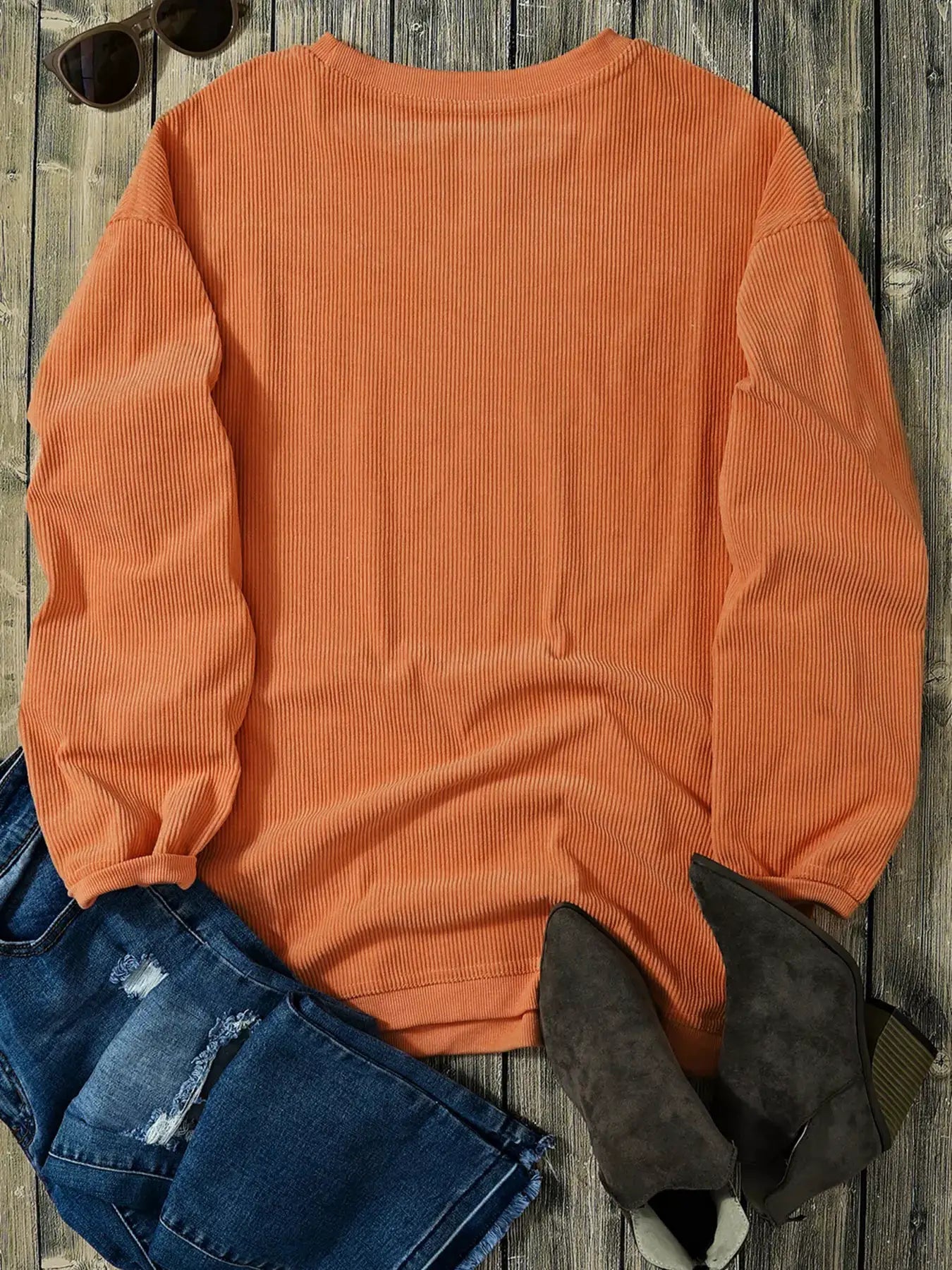 Halloween Leopard Pumpkin Patchwork Ribbed Sweatshirt by Trendsi