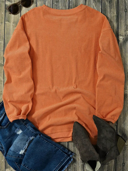 Halloween Leopard Pumpkin Patchwork Ribbed Sweatshirt by Trendsi