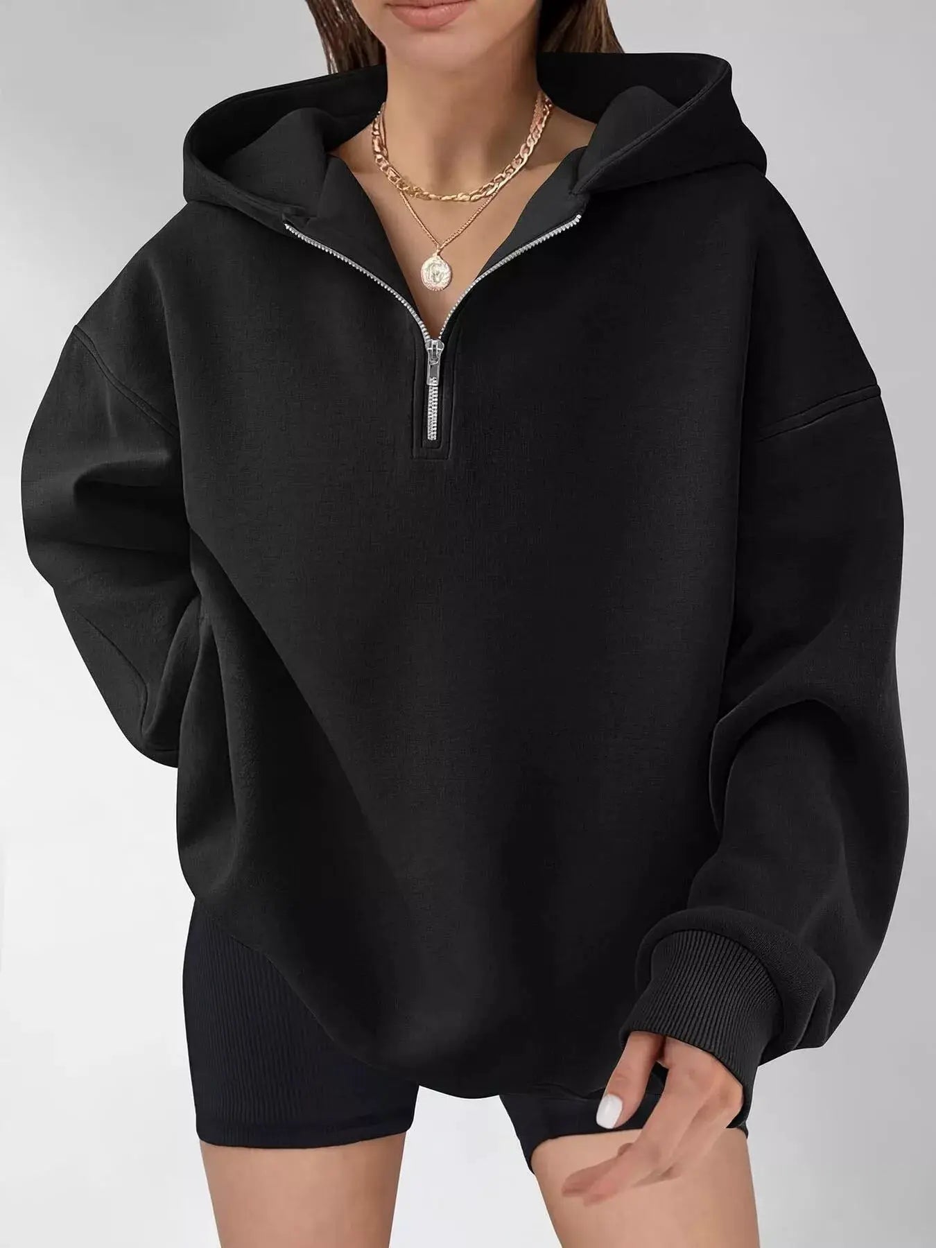 Oversized Quarter-Zip Hoodie by Trendsi