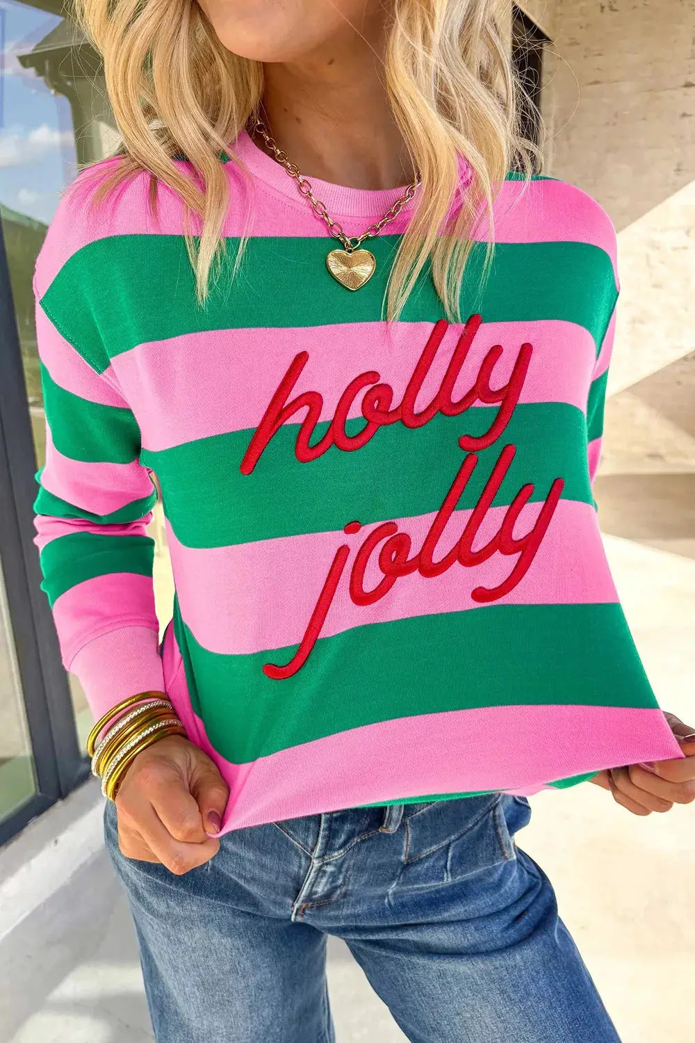 Stripe holly jolly Letter Embroidered Pullover Sweatshirt by Trendsi