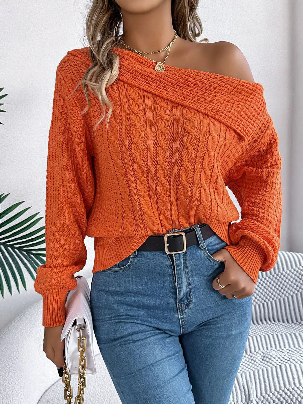 One Shoulder Cable Knit Sweater by Trendsi