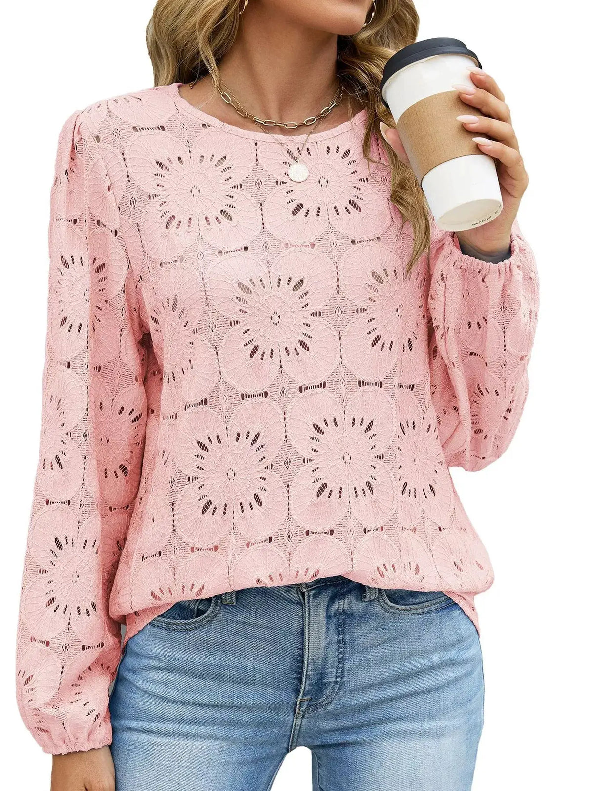 Floral Eyelet Lace Long Sleeve Blouse by Trendsi