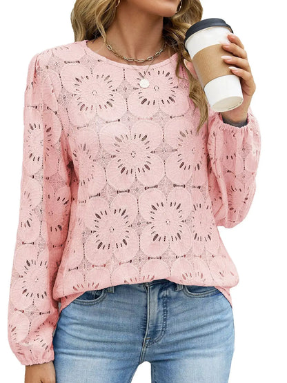 Floral Eyelet Lace Long Sleeve Blouse by Trendsi
