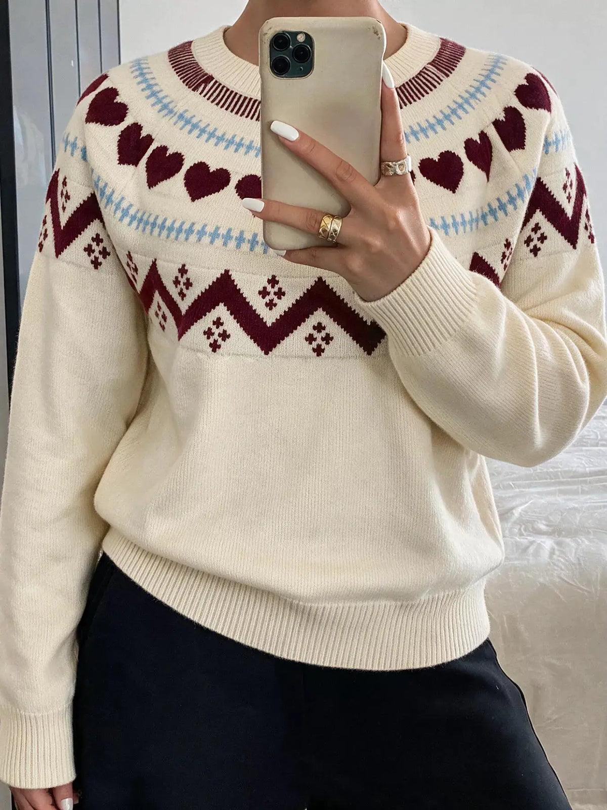 Heart-Patterned Crew Neck Sweater by Trendsi