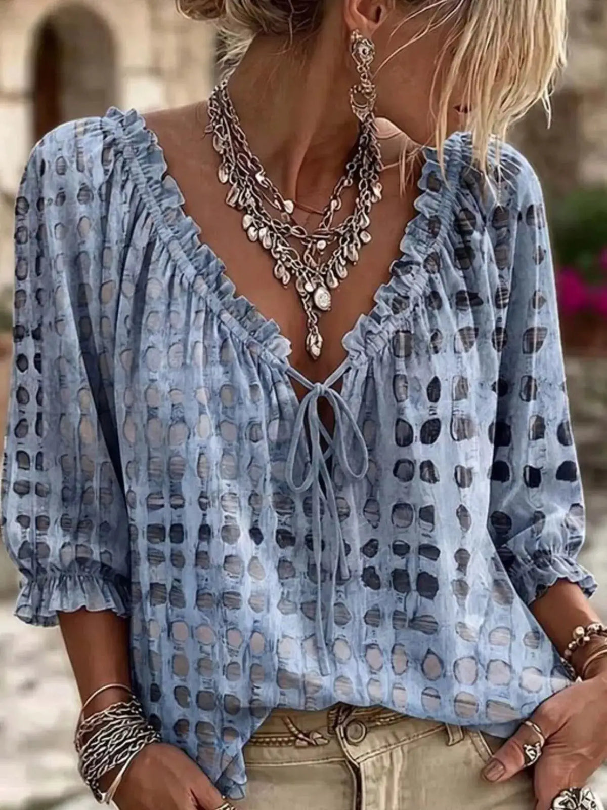 Full Size Tie Neck 3/4 Sleeve Blouse Plus Size by Trendsi
