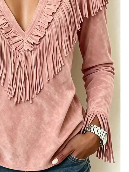 Fringed V-Neck Blouse by Trendsi