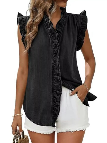 Ruffle Trim V-Neck Sleeveless Denim Top by Trendsi