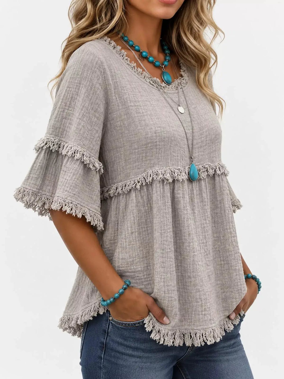 Full Size Frayed Edge Textured Blouse Plus Size by Trendsi