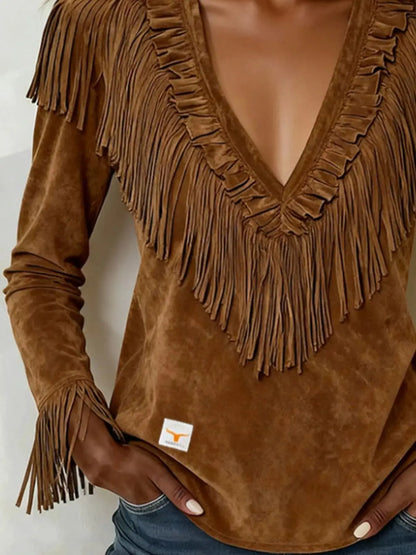 Fringed V-Neck Blouse by Trendsi