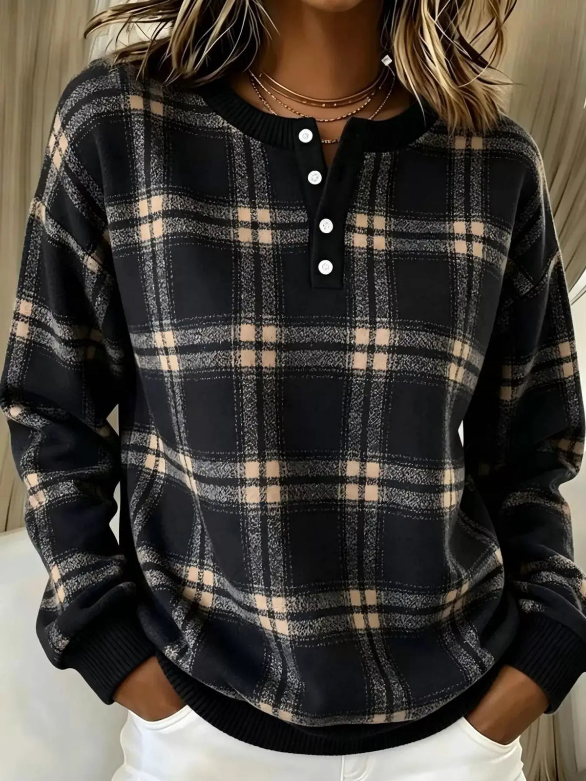 Full Size Plaid Button Detail Long Sleeve Sweatshirt Plus Size by Trendsi