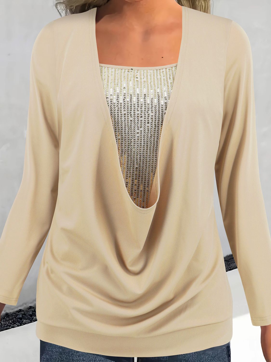 Faux Layered Sequin Long Sleeve Blouse