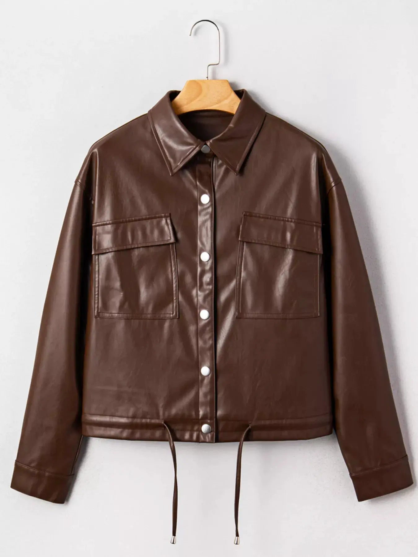 Double Flap Pocket Drawstring Hem Leather Jacket by Trendsi