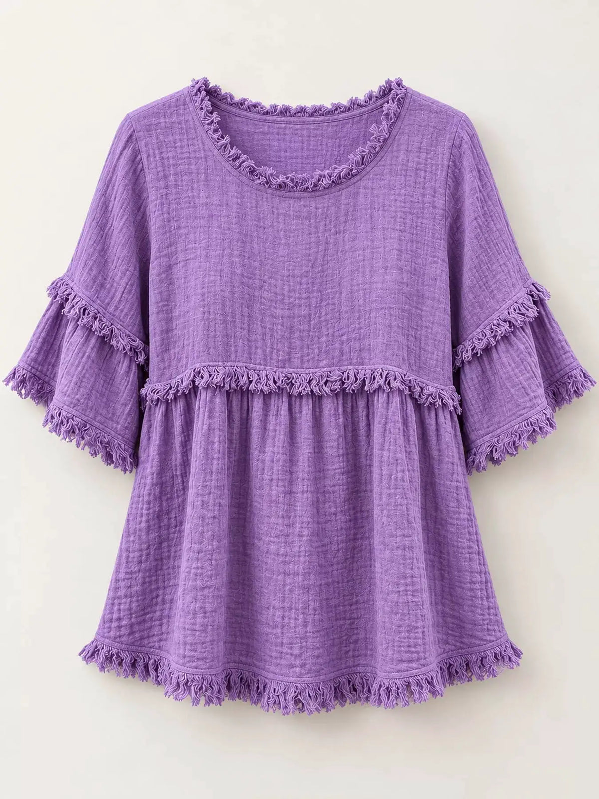 Full Size Frayed Edge Textured Blouse Plus Size by Trendsi