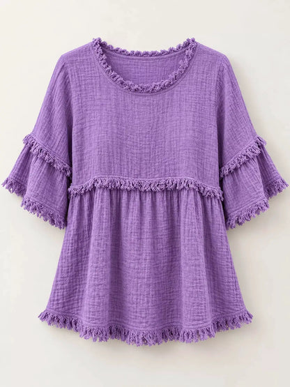Full Size Frayed Edge Textured Blouse Plus Size by Trendsi