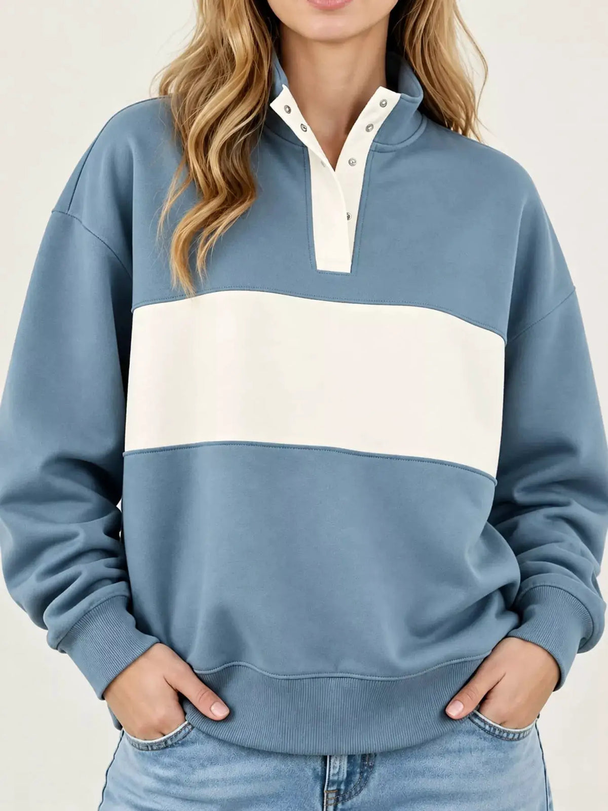 Full Size Color Block Snap-Button Sweatshirt Plus Size by Trendsi