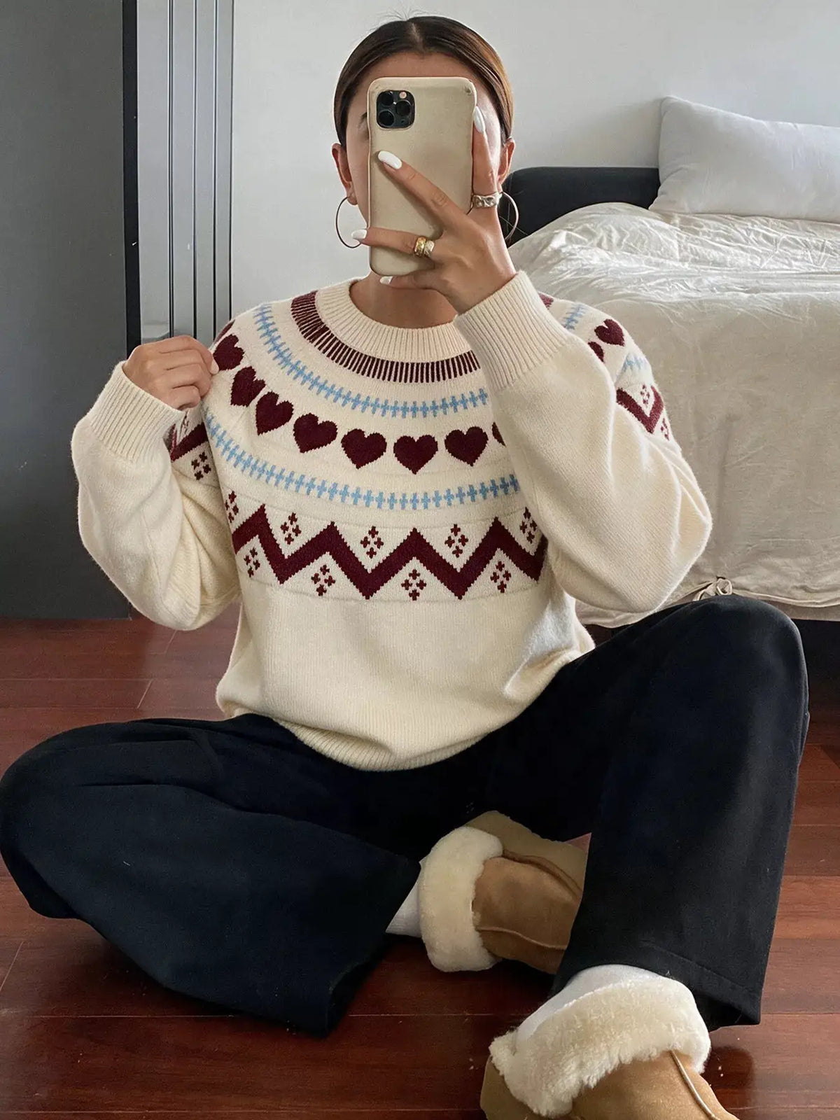 Heart-Patterned Crew Neck Sweater by Trendsi