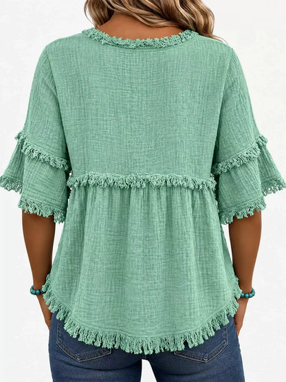 Full Size Frayed Edge Textured Blouse Plus Size by Trendsi