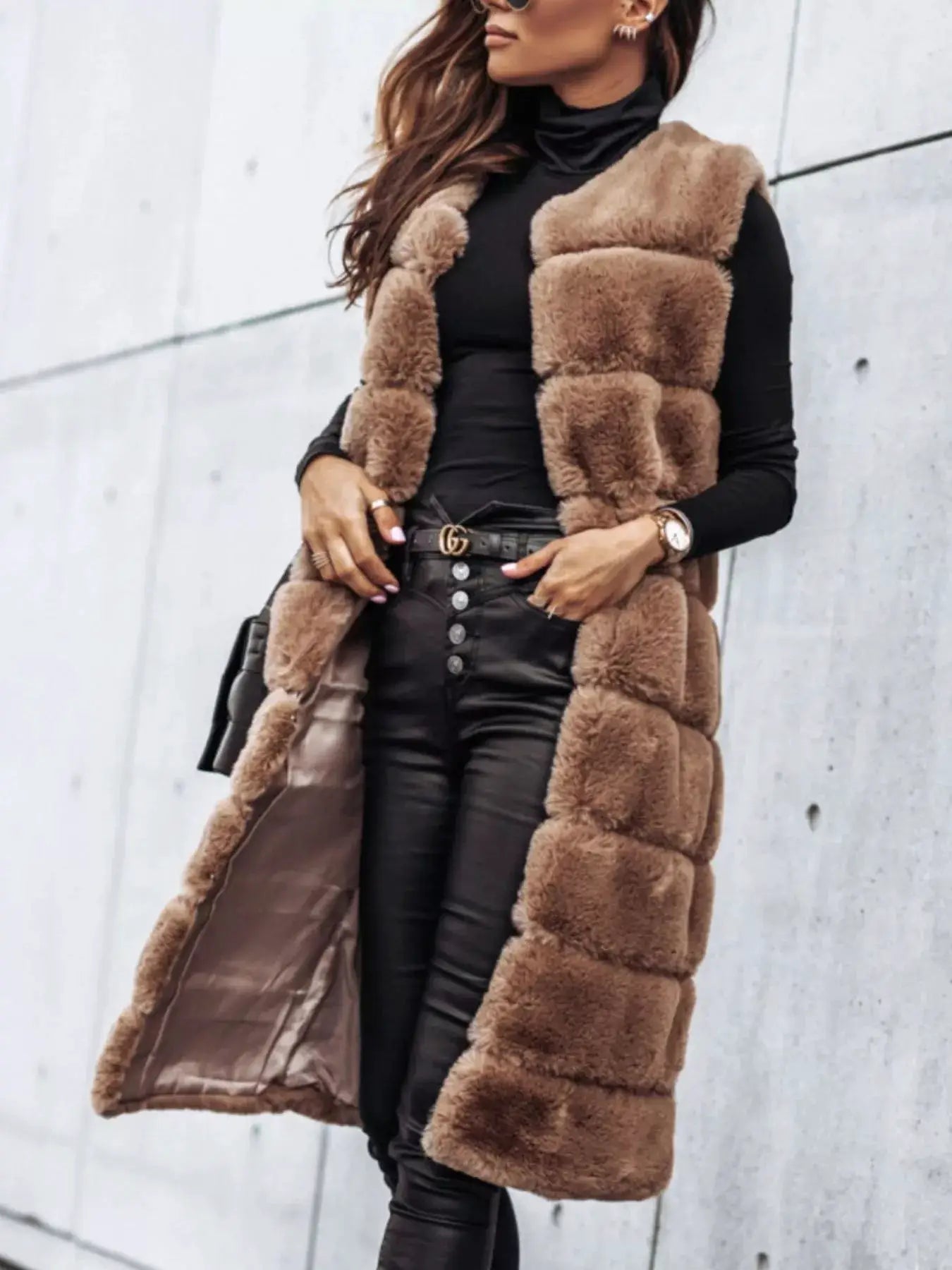 Faux Fur Longline Vest Coat by Trendsi