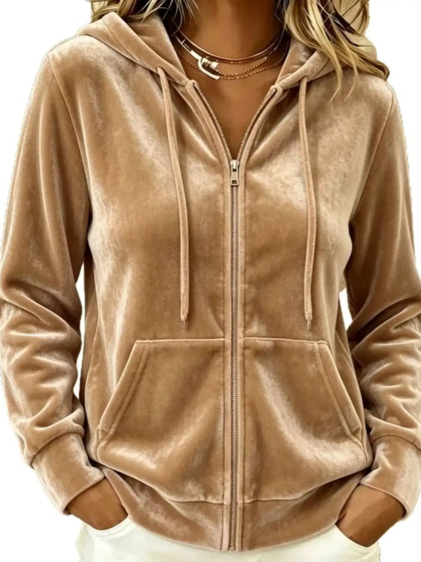 Full Size Velvet Zip-Up Hoodie with Drawstring Plus Size by Trendsi