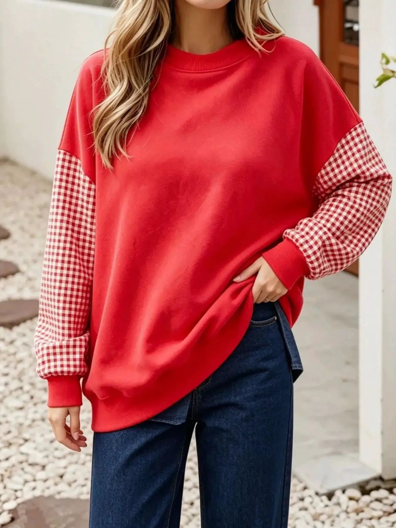 Contrast Gingham Long Sleeve Sweatshirt by Trendsi
