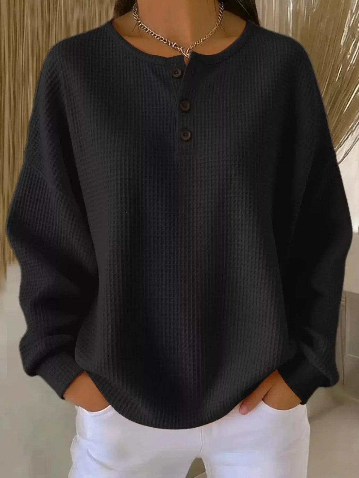 Full Size Waffle Knit Button Detail Top Plus Size by Trendsi