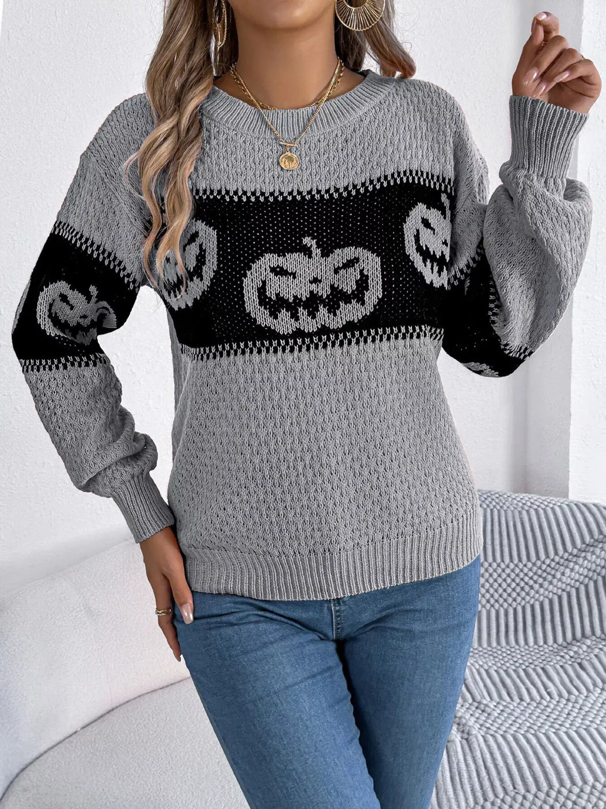 Halloween Pumpkin Pattern Round Neck Sweater by Trendsi