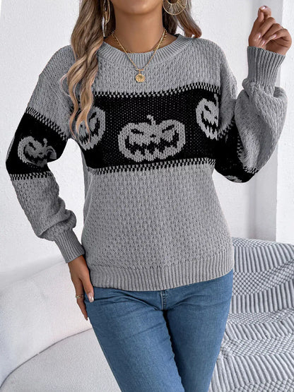 Halloween Pumpkin Pattern Round Neck Sweater by Trendsi