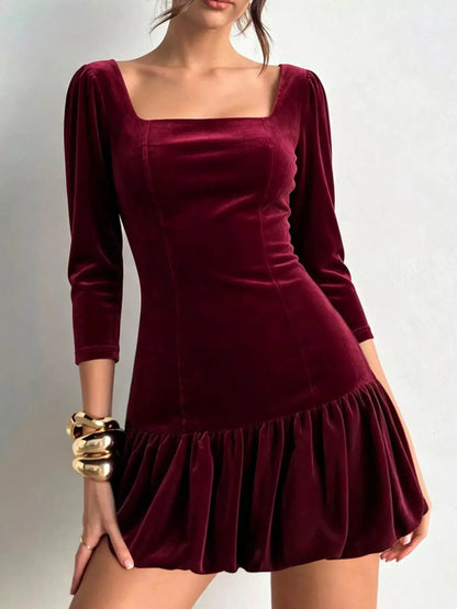 Christmas Velvet Square Neck Mini Dress with Ruffled Hem by Trendsi