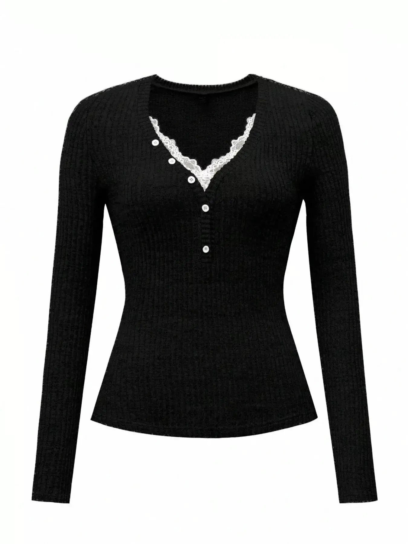 Ribbed Knit Lace Trim T-Shirt by Trendsi