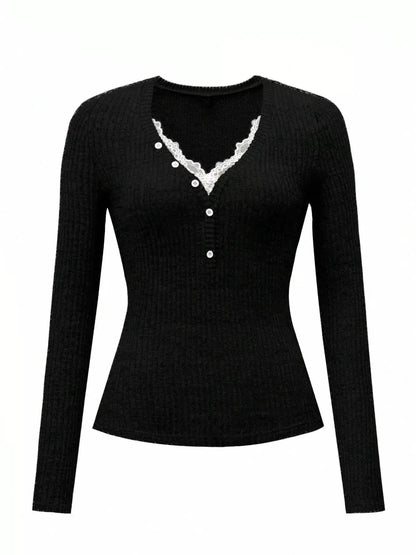 Ribbed Knit Lace Trim T-Shirt by Trendsi