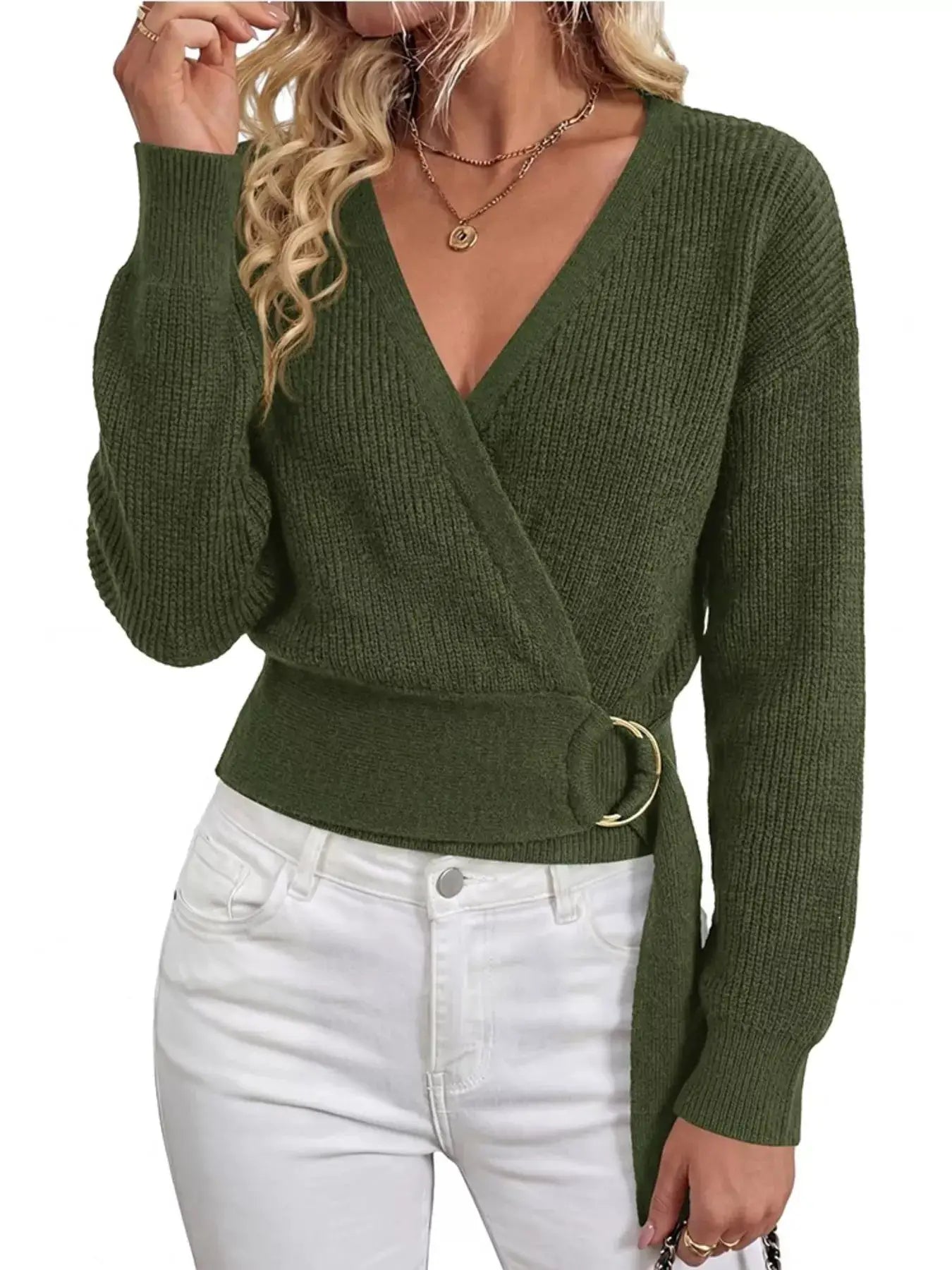Metal Ring Detail Dropped Shoulder Sweater by Trendsi