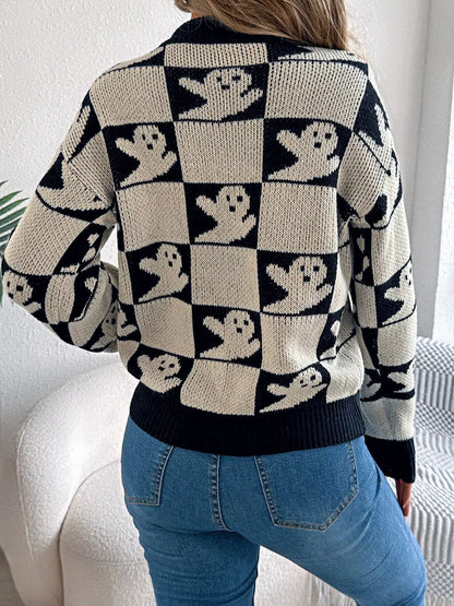 Checkerboard Halloween Graphic Sweater by Trendsi