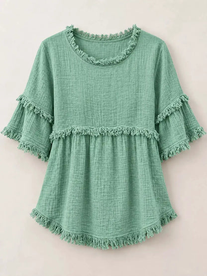 Full Size Frayed Edge Textured Blouse Plus Size by Trendsi