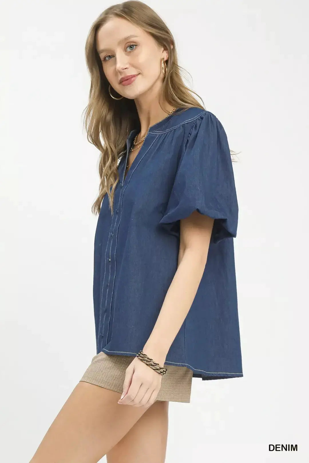 Umgee Denim Button Front Puff Sleeve Boho Blouse by Trendsi