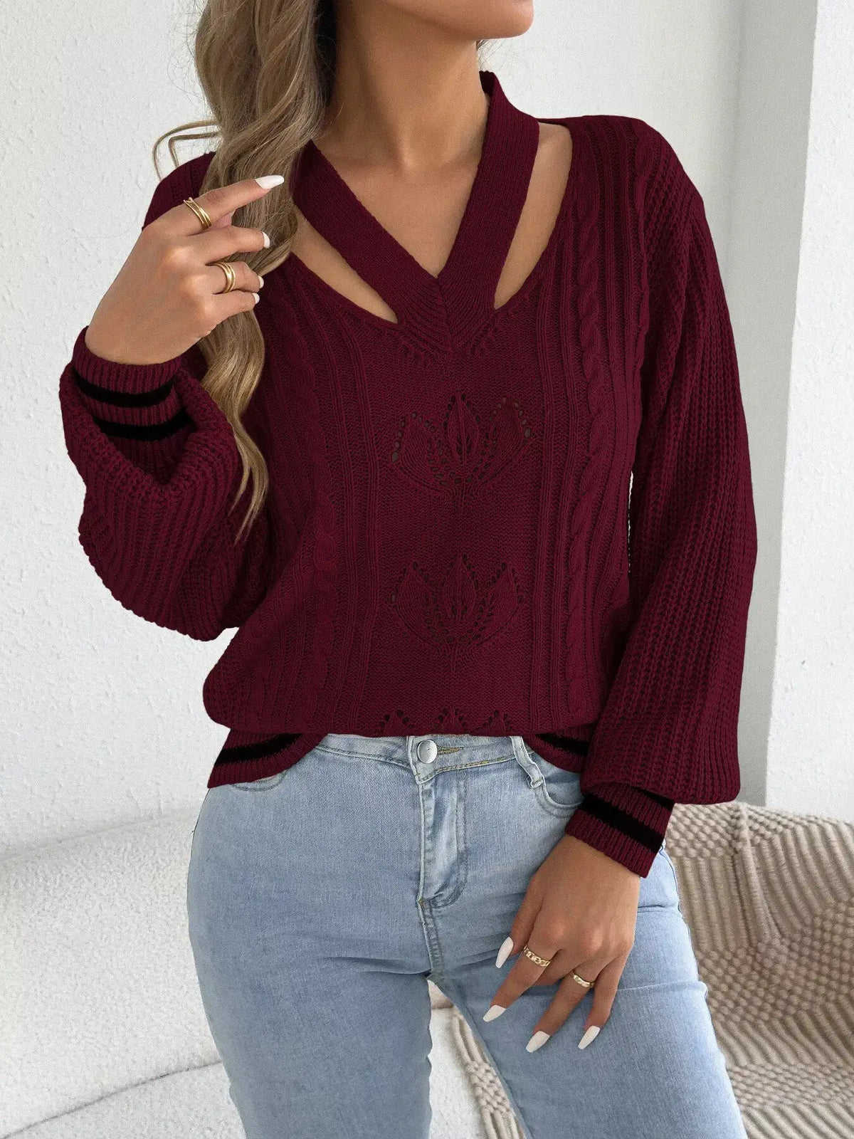 Cutout Cable Knit Sweater by Trendsi