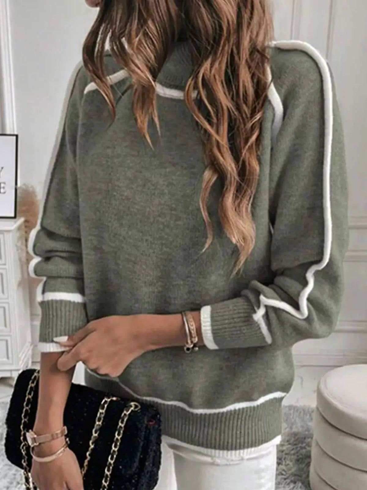 Full Size Contrast Trim Ribbed Hem Turtleneck Sweater Plus Size by Trendsi