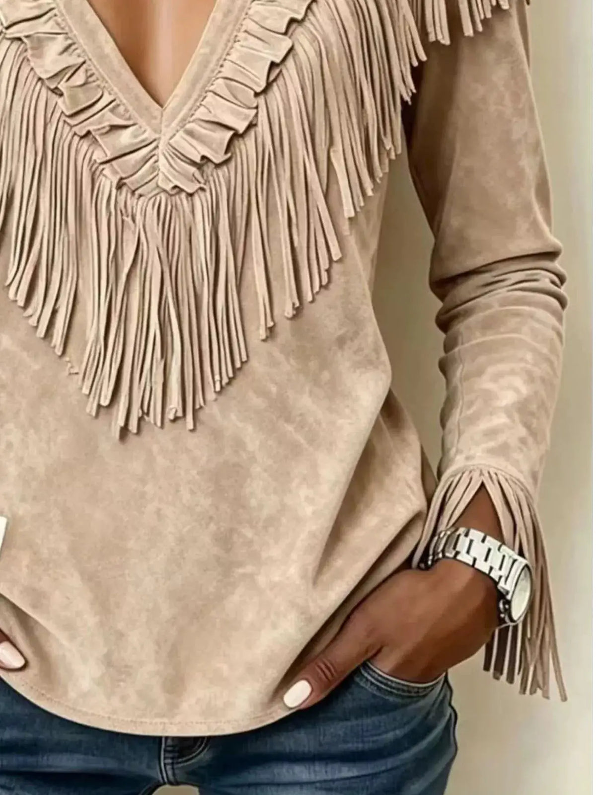 Fringed V-Neck Blouse by Trendsi