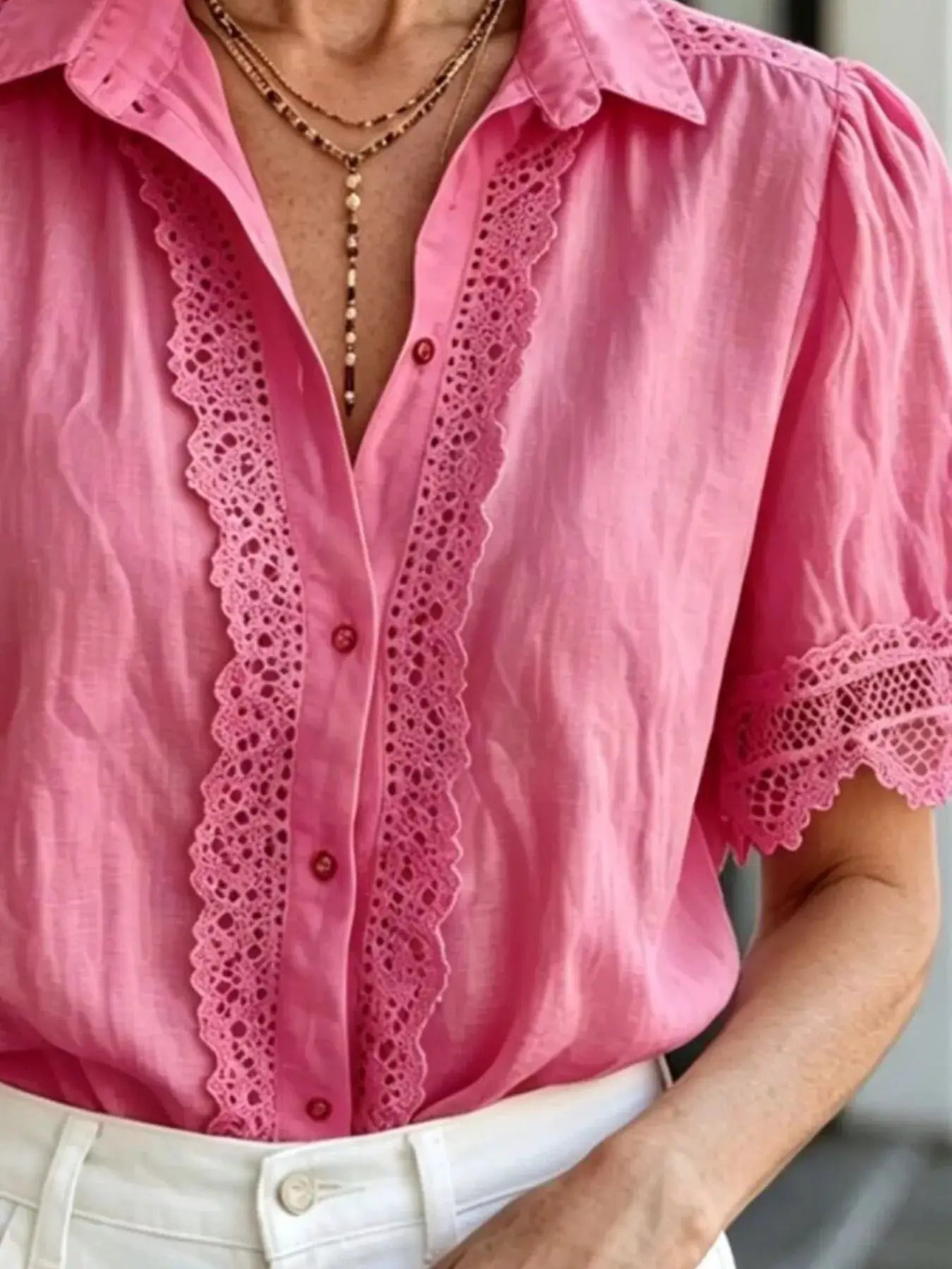 Lace-Trimmed Short Sleeve Button-Down Shirt by Trendsi
