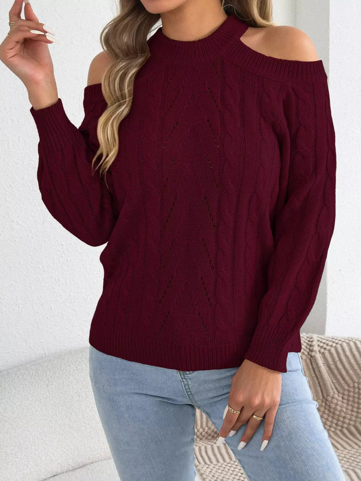Cold Shoulder Cable Knit Sweater by Trendsi